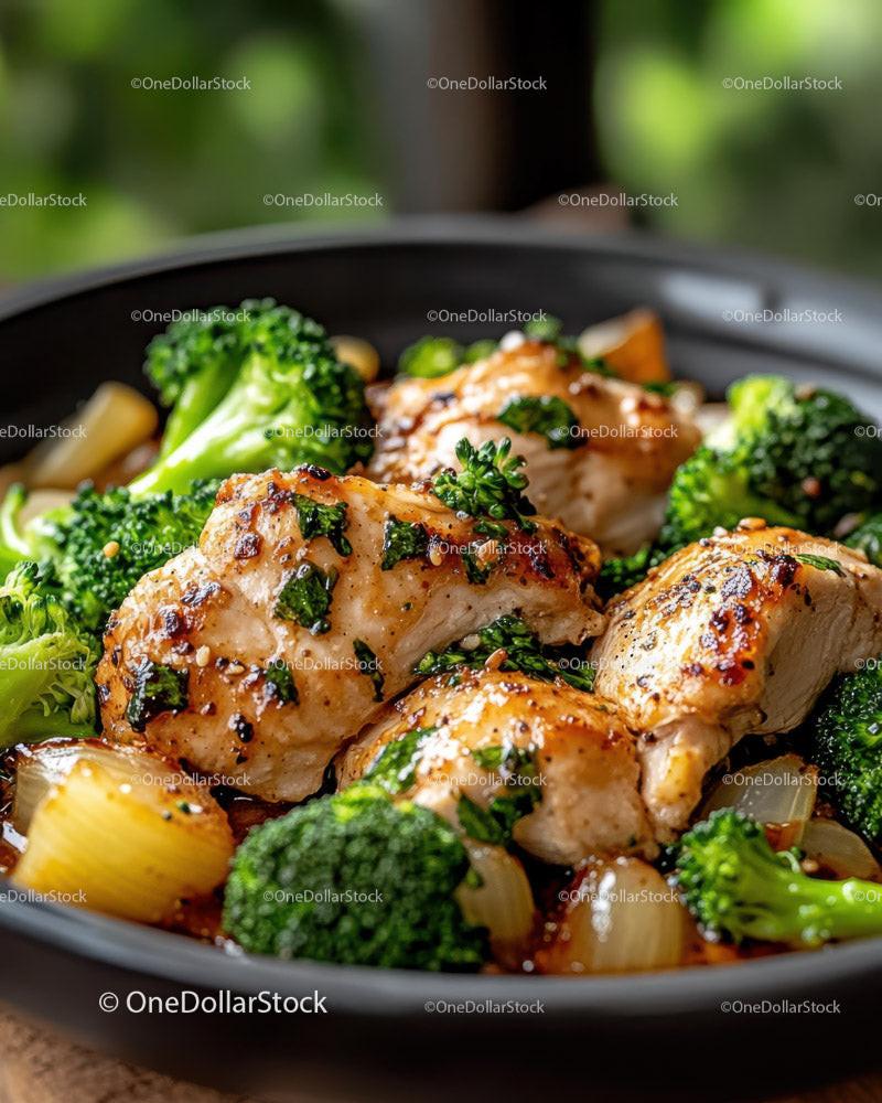 Grilled Chicken Breast with Fresh Broccoli Florets in a Black Dish Stock Photo Bundle preview 9