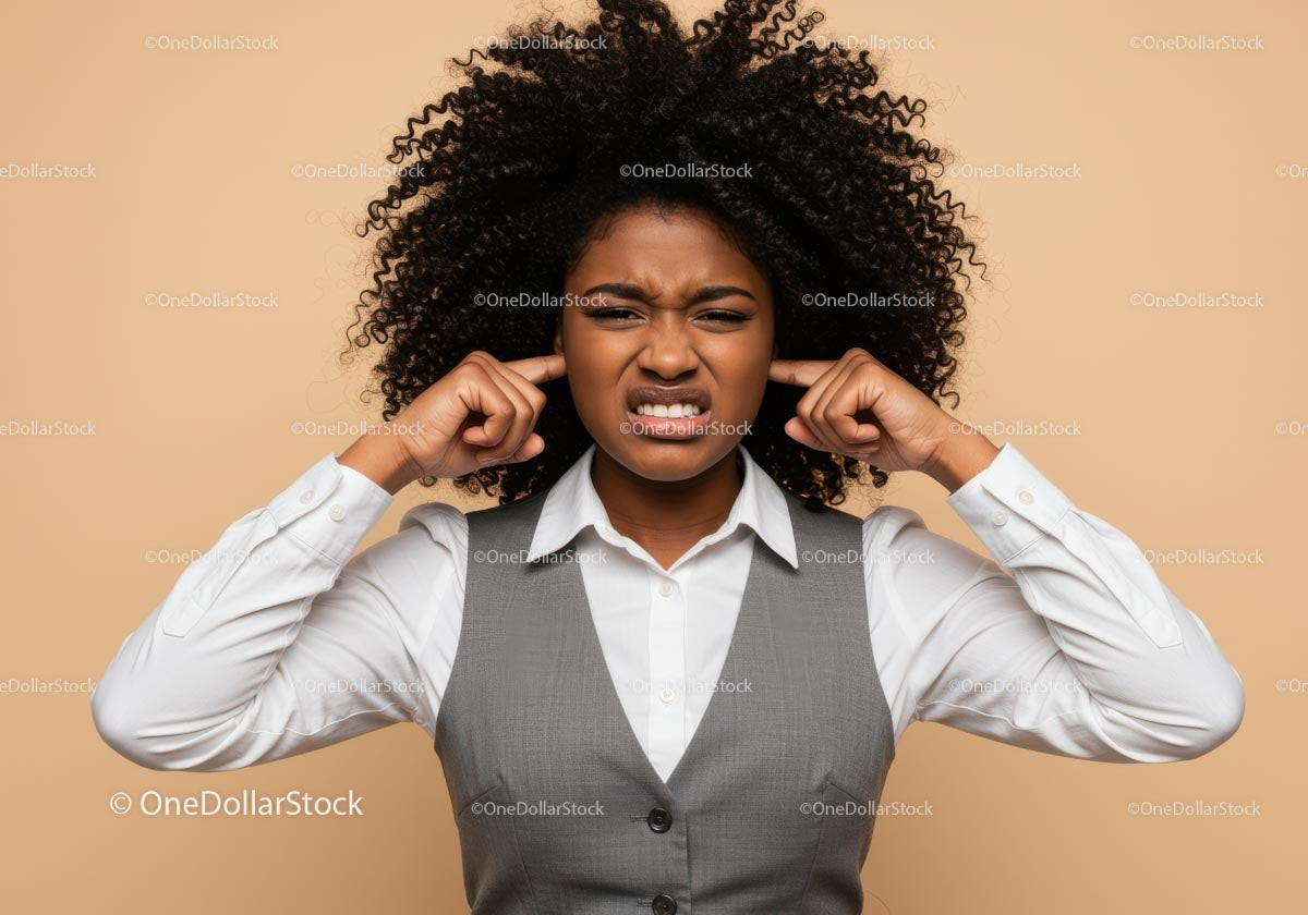 Frustrated Woman Covering Her Ears Expressing Noise Discomfort