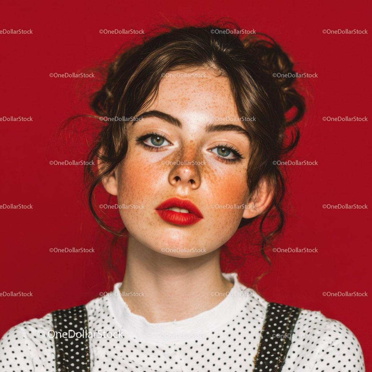 Portrait of a Young Woman with Freckles and Red Lipstick