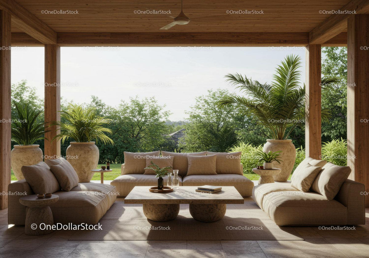 Cozy outdoor seating area with natural greenery view