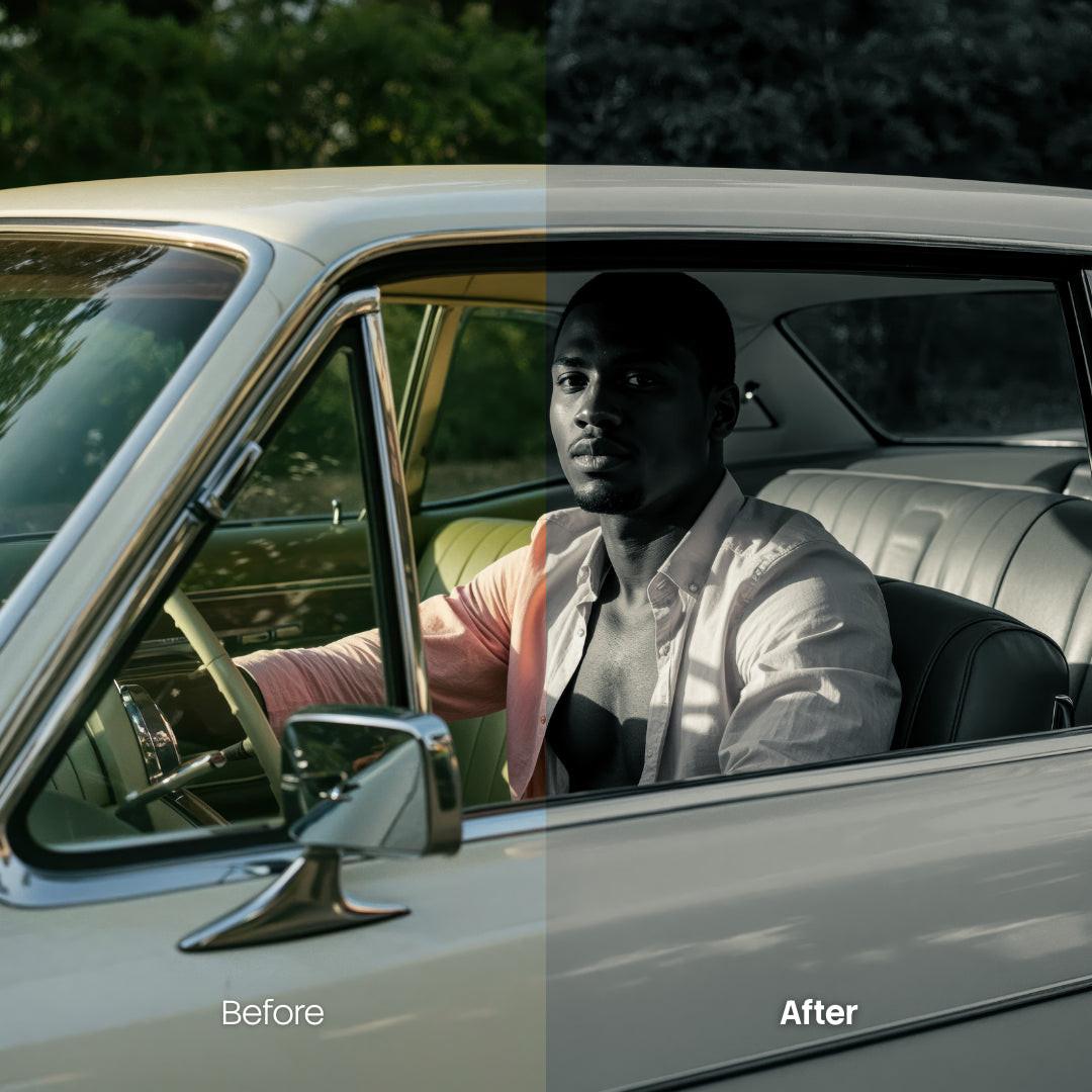 Before and after BW Racecars LUT Pack effect