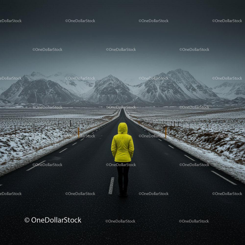 Lonely Traveler in Yellow Jacket on Snow-Covered Road Stock Photo Bundle preview 14