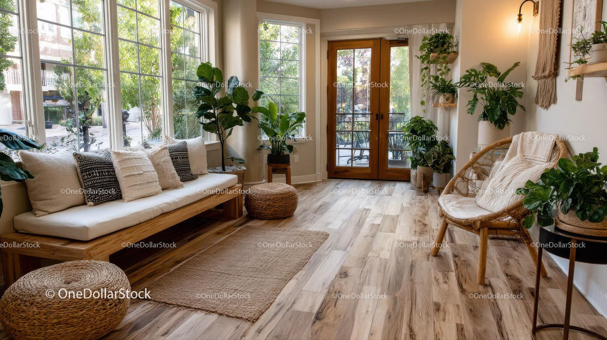 Bright Living Room with Large Windows and Indoor Greenery
