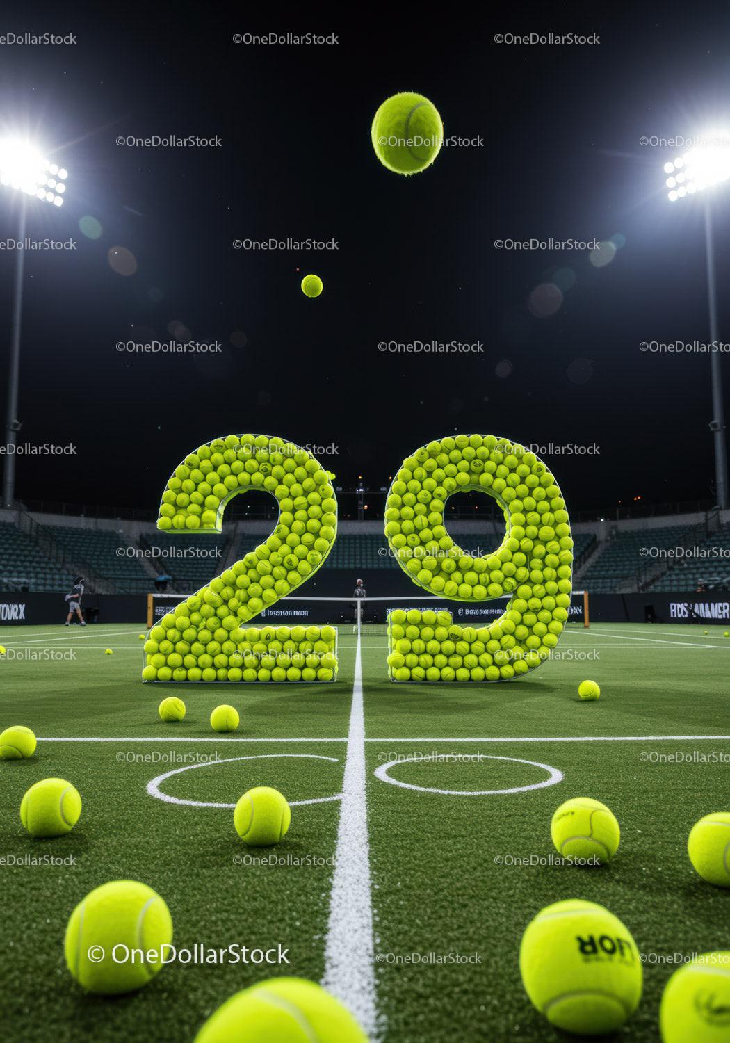 Night tennis court with glowing tennis ball numbers