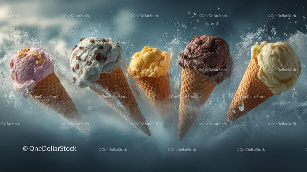 stock photo bundle made with Colorful Ice Cream Scoops in Waffle Cones Splashing Water Stock Photo Bundle