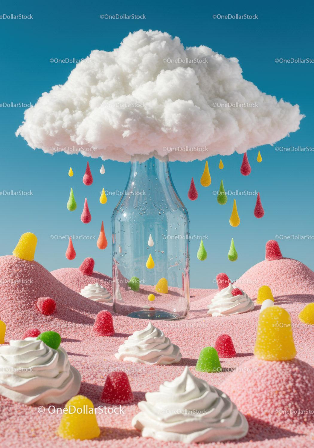 Colorful candy landscape with fluffy cloud and glass bottle