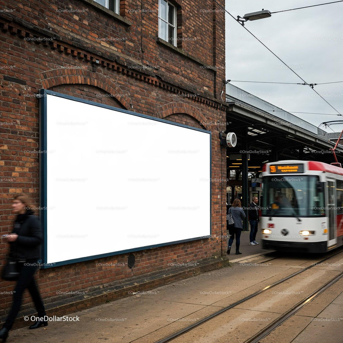 Blank billboard near tram stop on urban street JPG Mockup Image preview