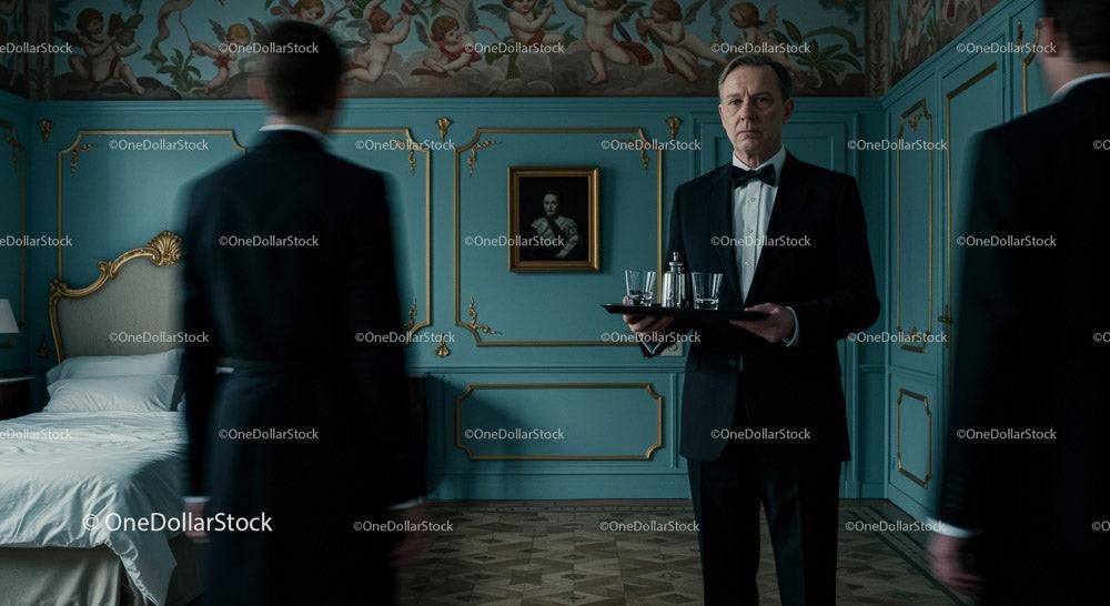 Elegant Waiter in a Luxurious Vintage Setting Serving Drinks Stock Photo Bundle preview 10