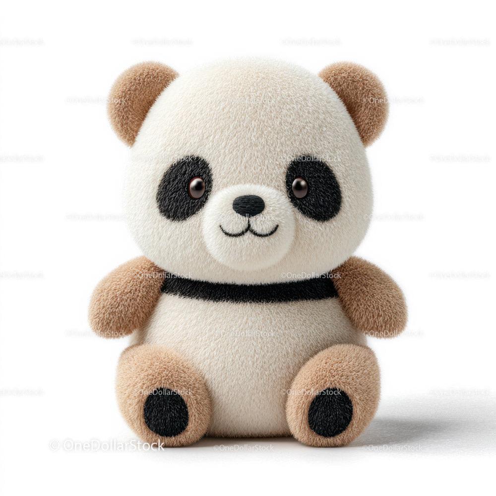 Soft plush panda bear toy with beige fur and black eye patches sitting upright