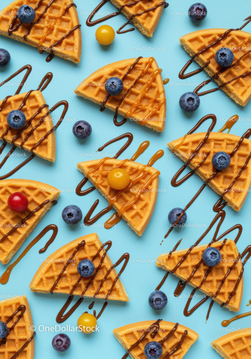 Waffle slices with berries and drizzled chocolate on blue