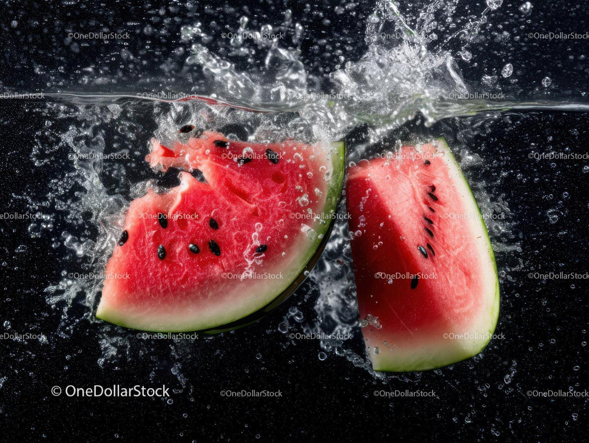 Juicy Watermelon Slices Splashing into Water in Refreshing Summer Scene