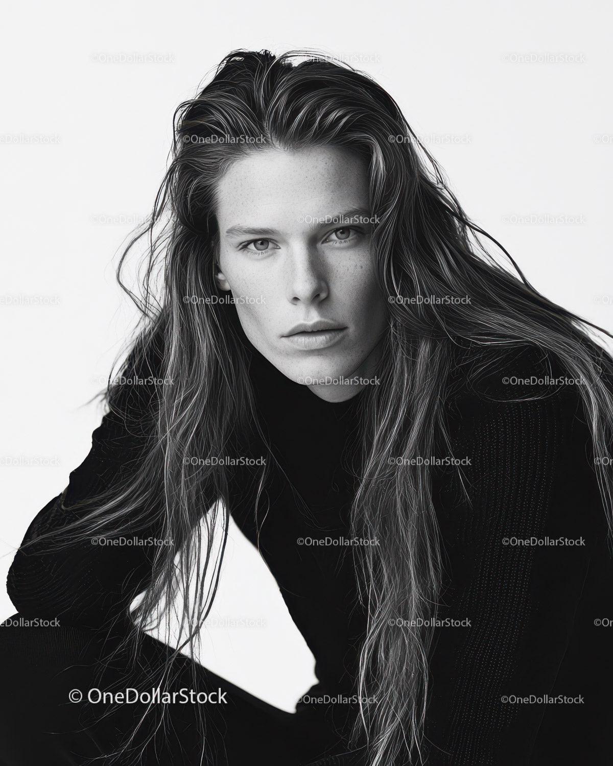 Black and White Portrait of a Woman with Long Hair and Intense Gaze