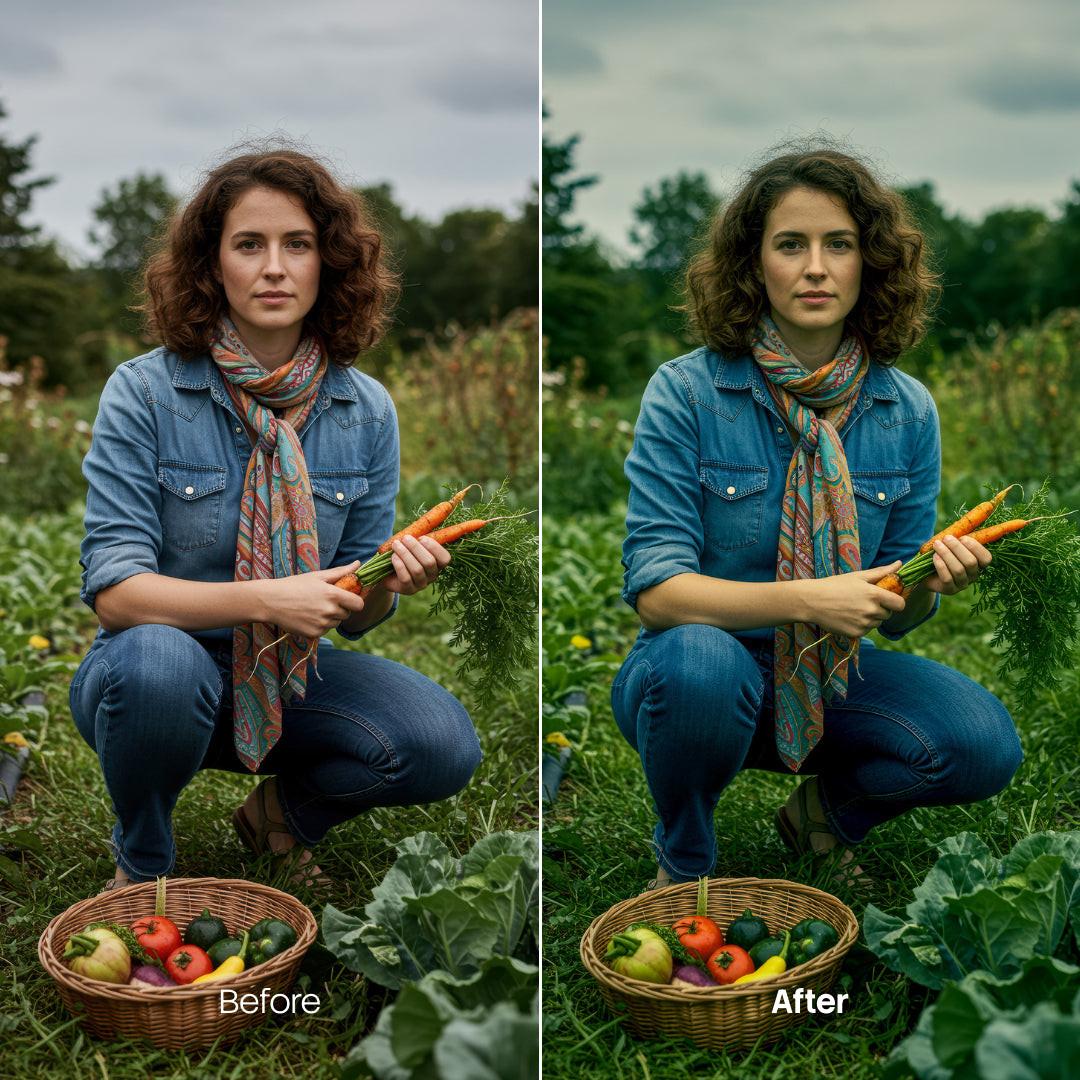 Before and after Gardens LUT Pack effect
