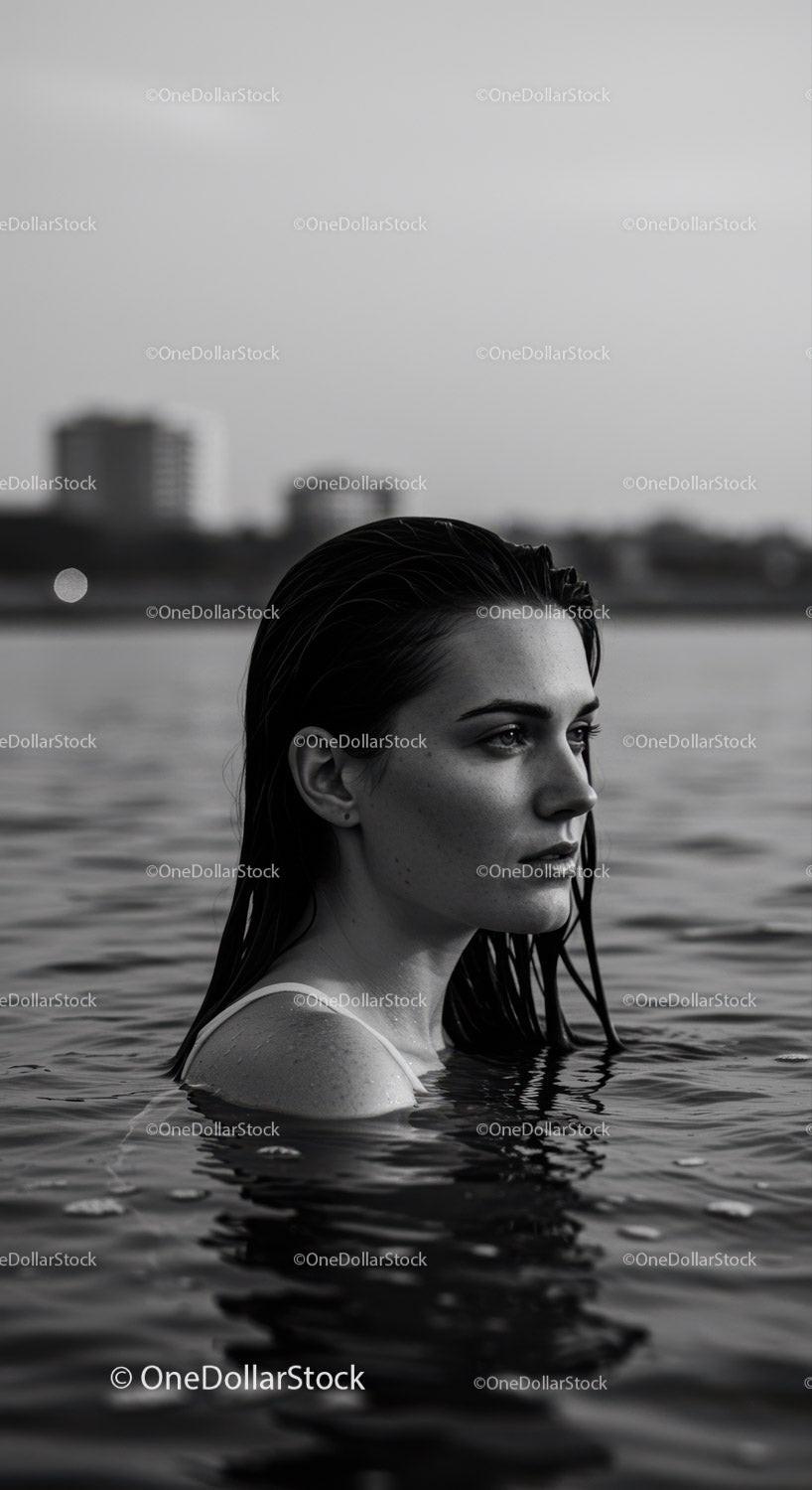 Serene Woman Portrait in Water with City Skyline in Background