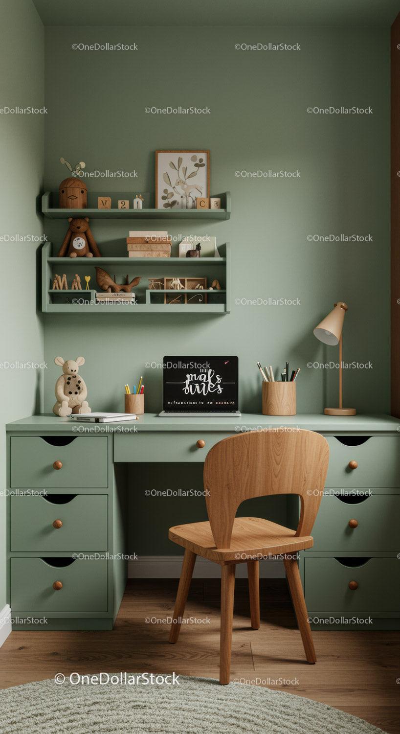 Cozy Kids Study Desk with Wooden Chair and Shelves in Pastel Green