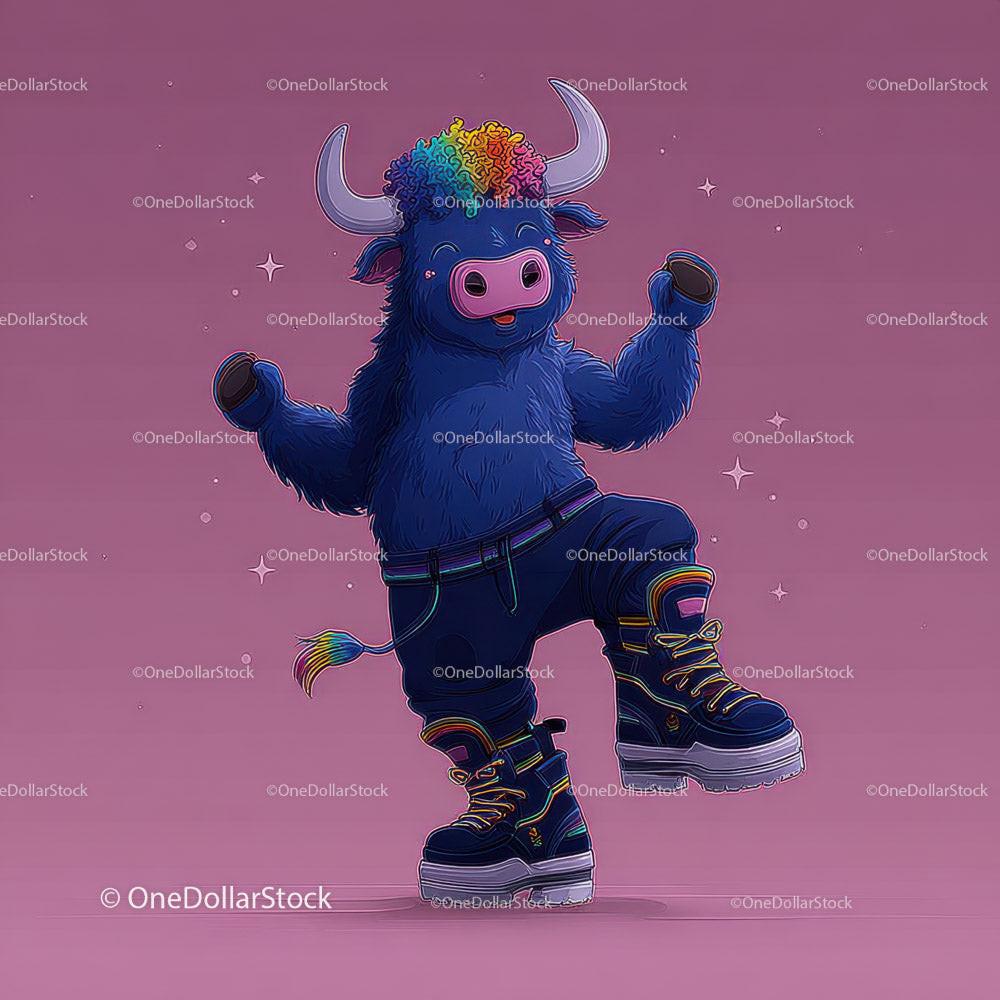 Blue furry bull character with rainbow hair and boots on pink background