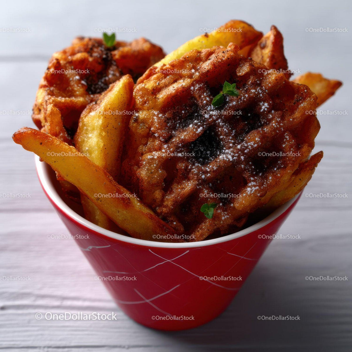 Crispy Fried Chicken with Potato Wedges Garnished with Herbs in a Snack Bowl