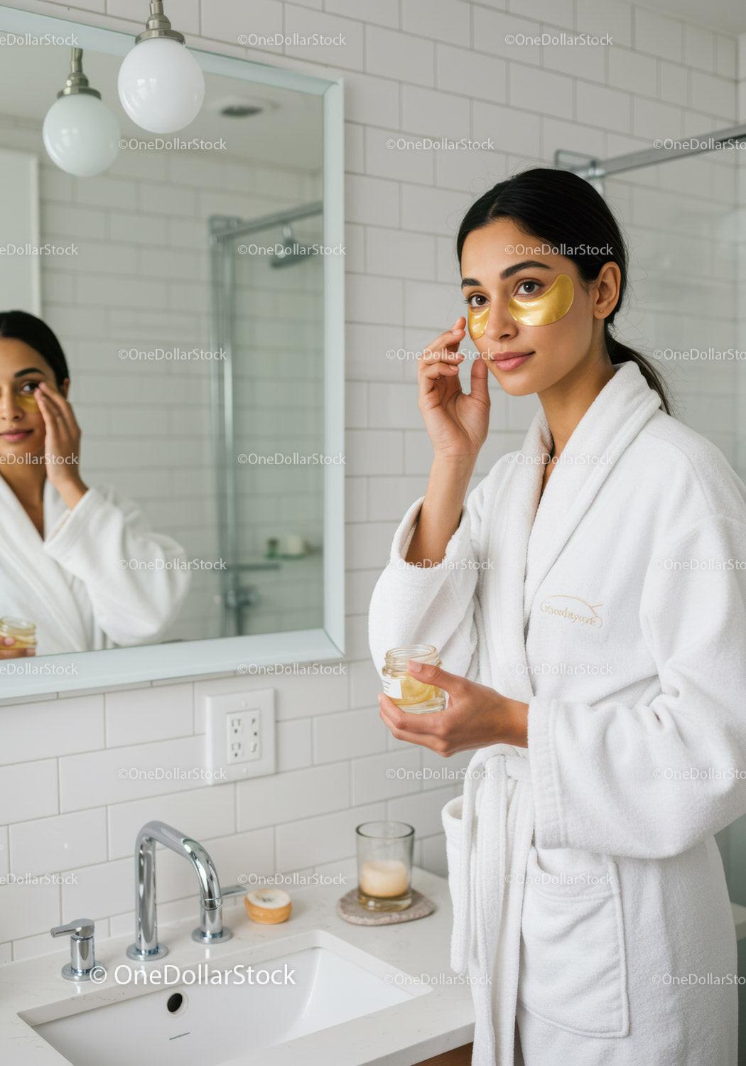 Woman Applying Gold Eye Patches with Skincare Products in Bathroom