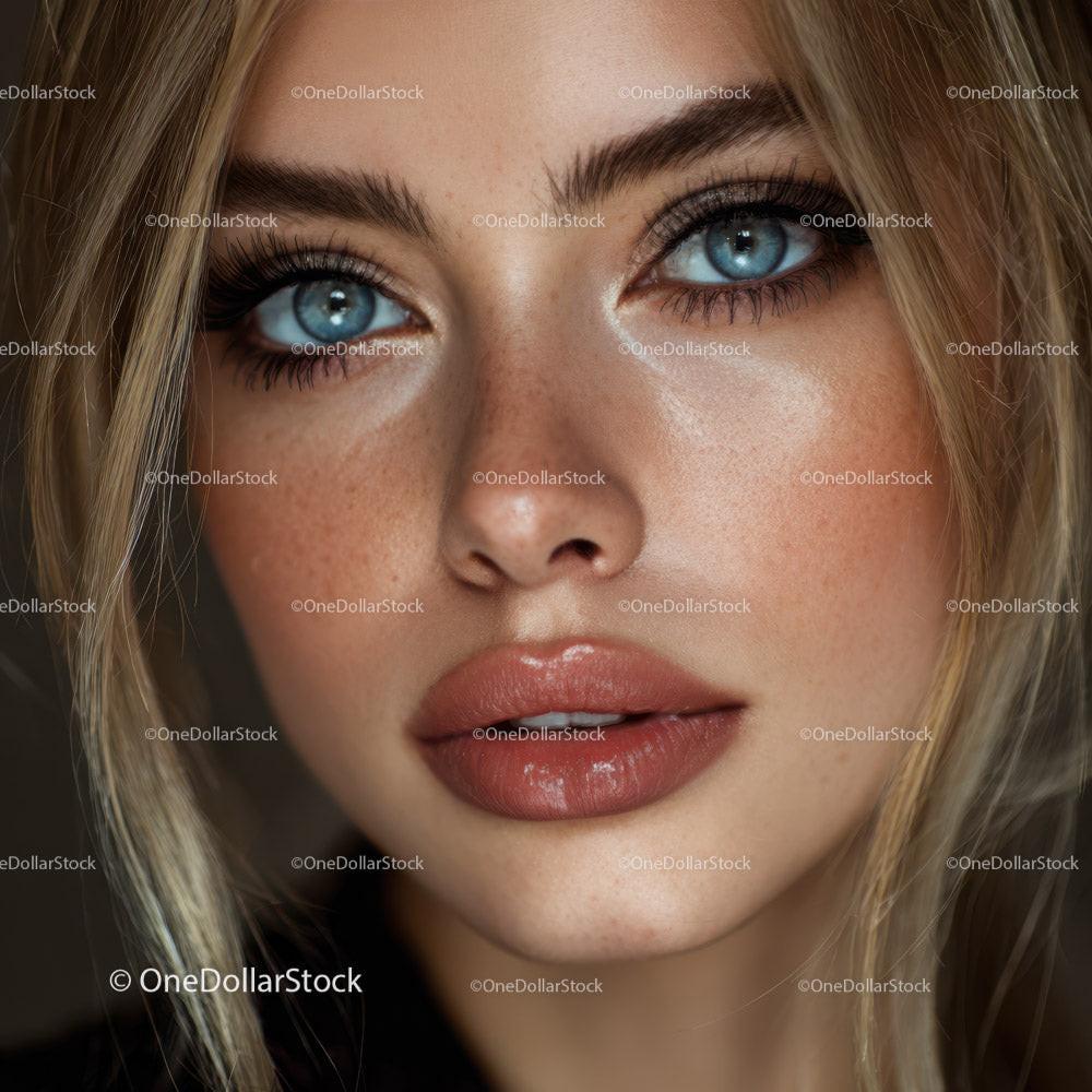 Young Woman with Bright Blue Eyes and Curly Blonde Hair