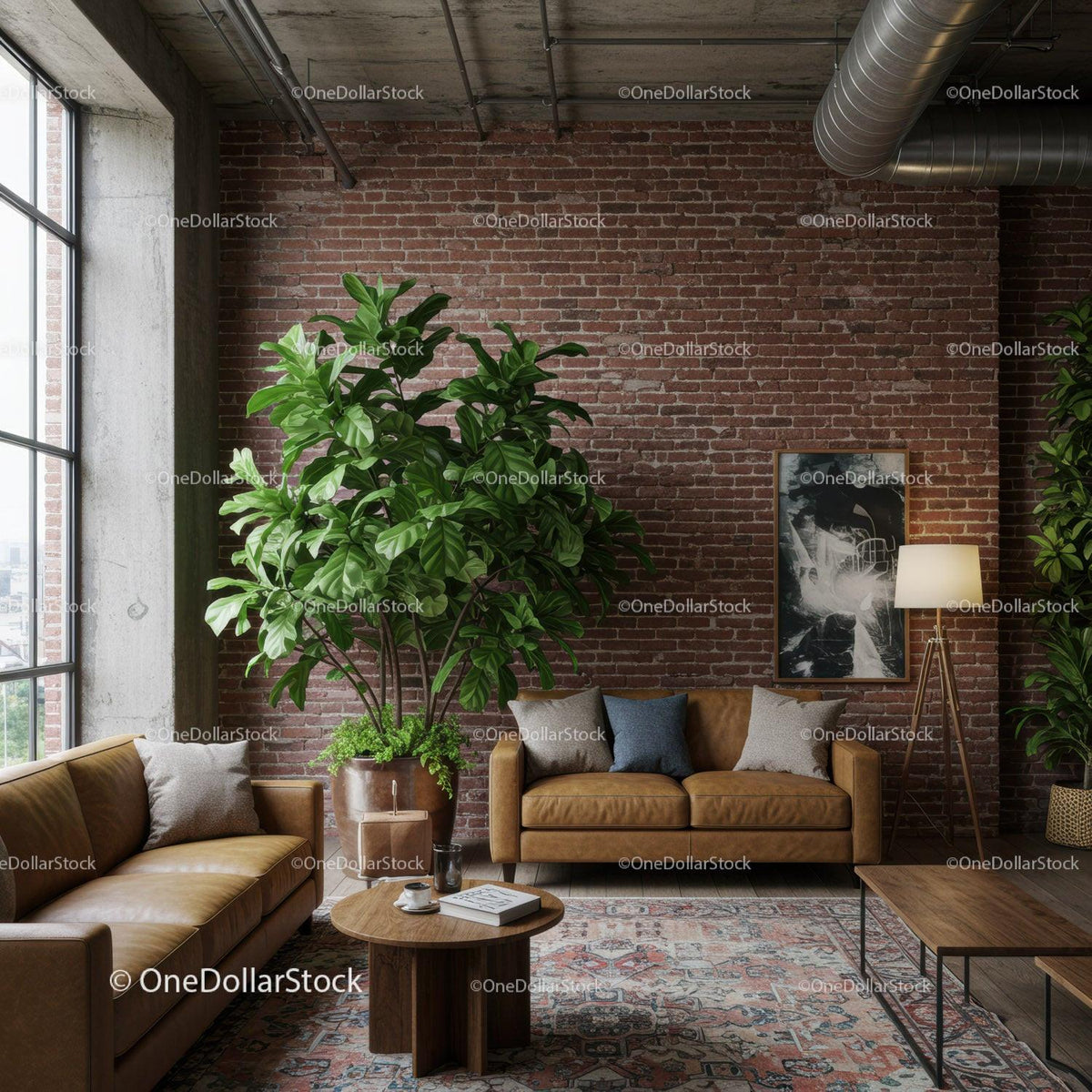 Modern Industrial Living Room with Leather Couches and Green Plant