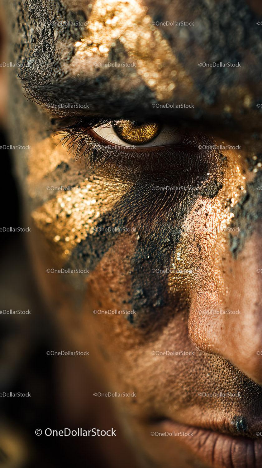 Close-up of An African Tribal Face with Gold Metallic Body Art Stock Photo Bundle preview 24