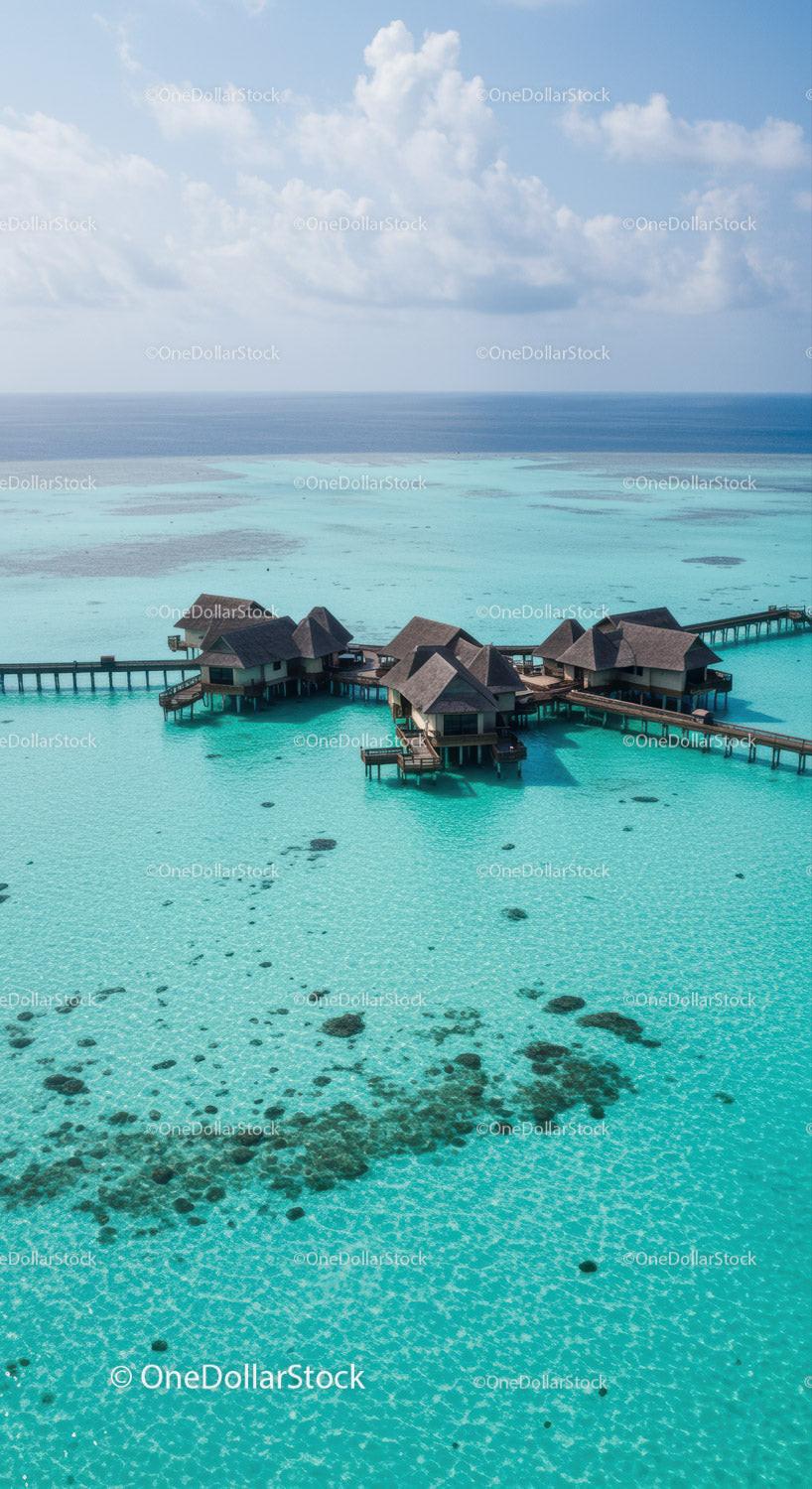 Overwater Bungalows in Turquoise Lagoon with Ocean Horizon
