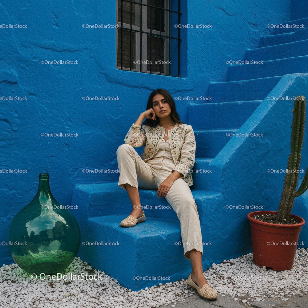 Elegant Woman in Traditional Attire Against a Vibrant Blue Wall Stock Photo Bundle preview 10