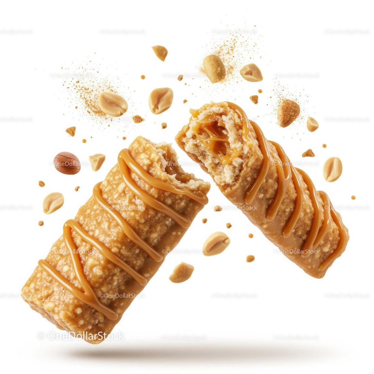 Caramel peanut candy bar with nuts flying around