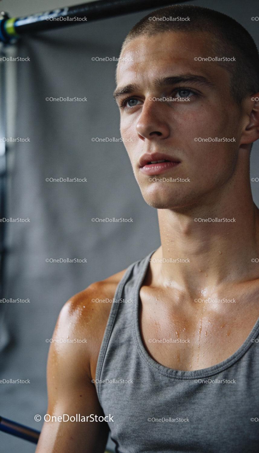 Focused young man sweating during intense workout