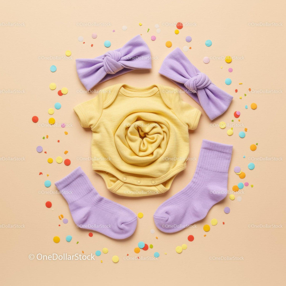 Bright baby clothes set with purple accessories flat lay