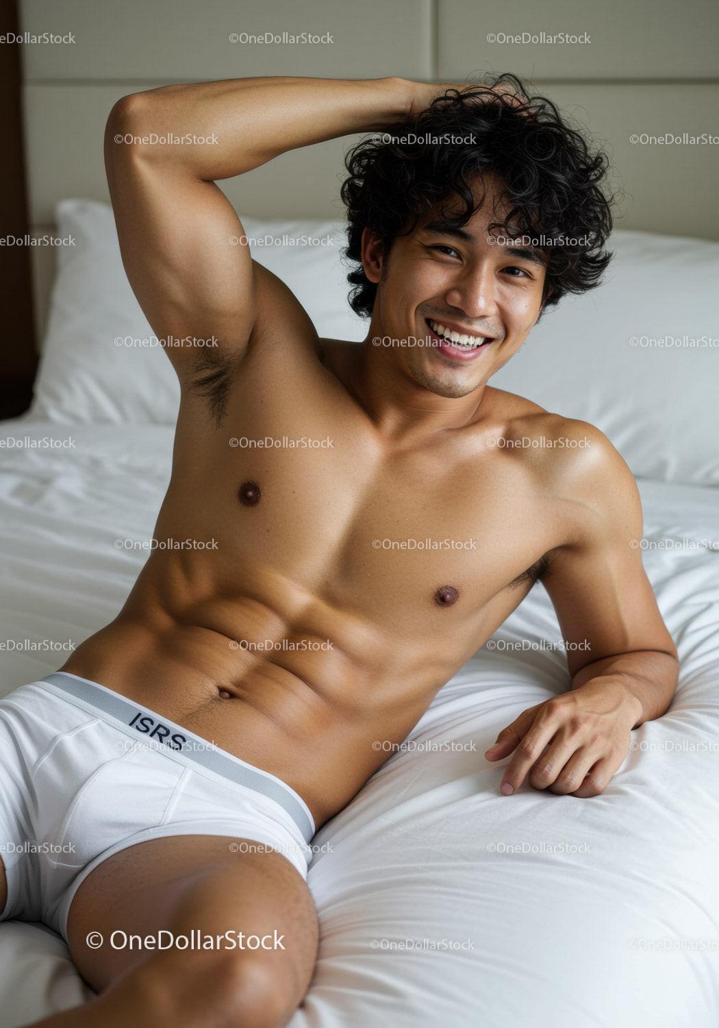 Smiling man relaxing on bed in white underwear