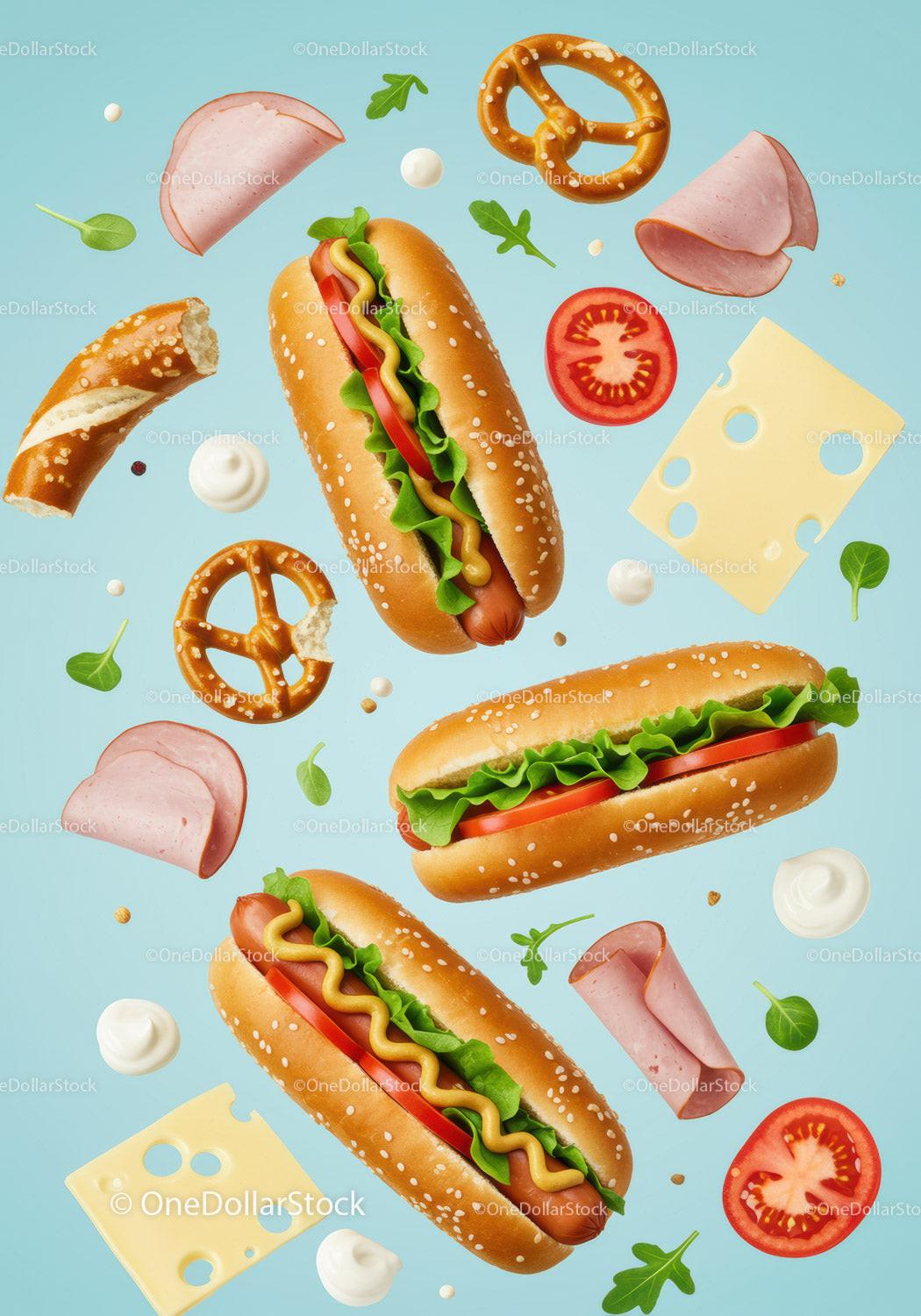 Fresh Hot Dogs with Toppings and Pretzels on Blue