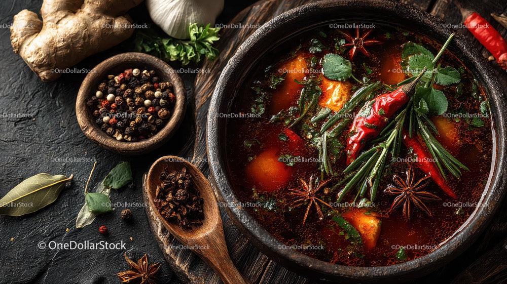 Spicy Asian Beef Stew with Rice and Fresh Herbs in a Black Stone Bowl Stock Photo Bundle preview 17