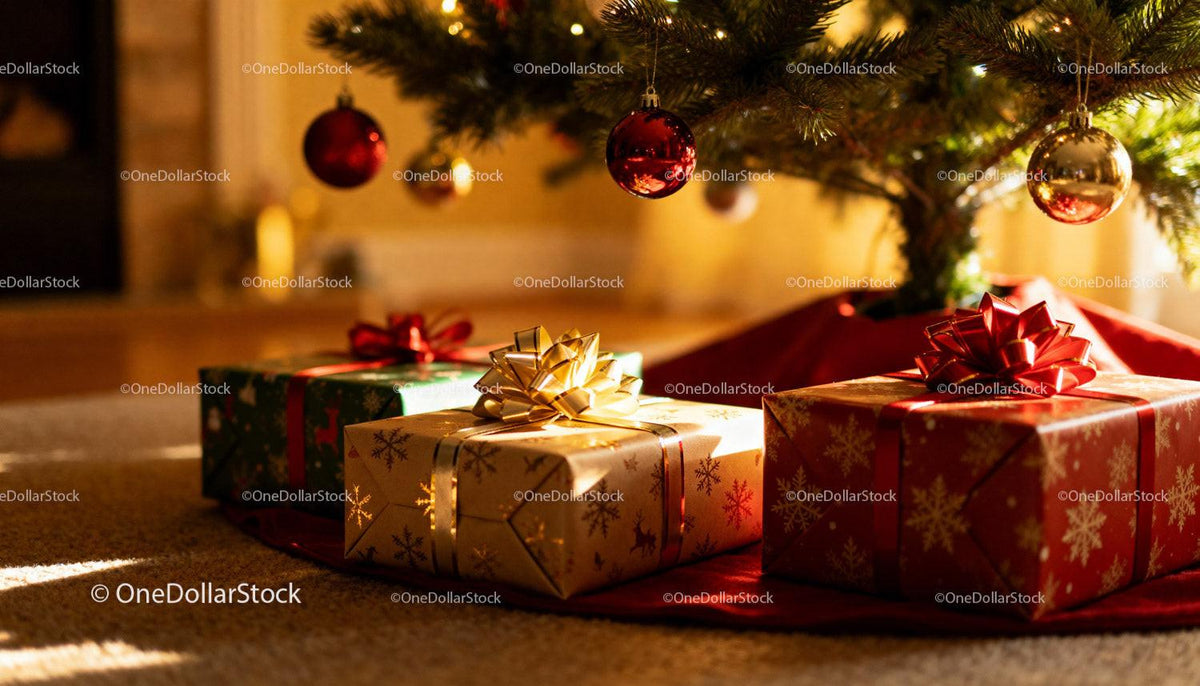 Christmas gifts under decorated tree with glowing lights