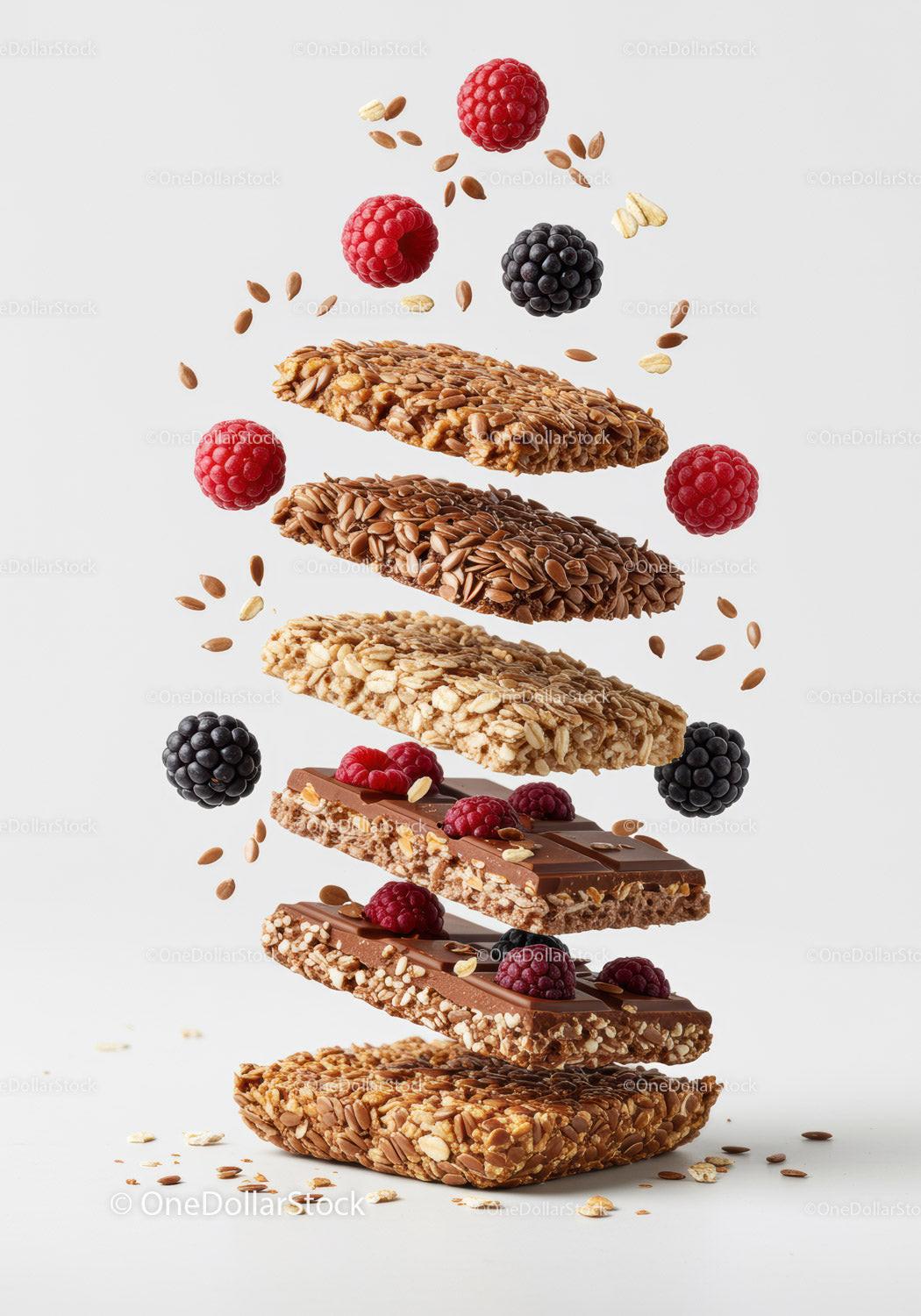 Stack of granola bars with chocolate and fresh berries
