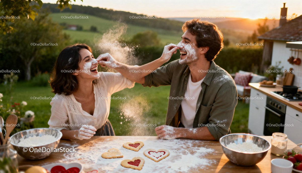 Couple Playfully Baking Heart Cookies Outdoors at Sunset