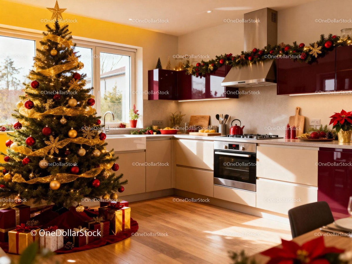 Cozy kitchen with elegant Christmas tree and festive decor