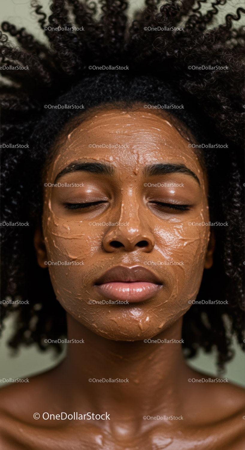 Woman with Curly Hair Applying Clay Facial Mask for Skincare