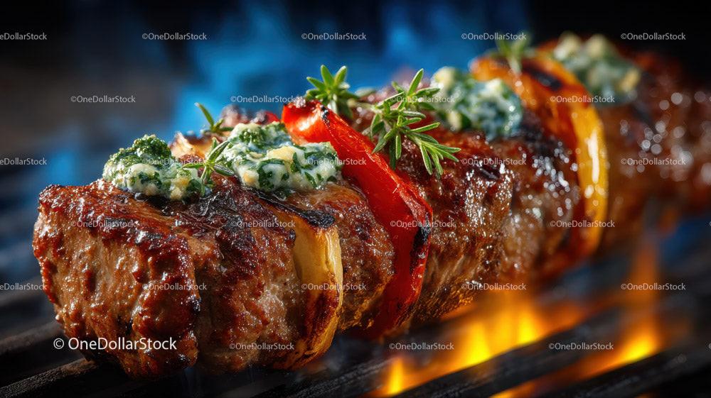 Juicy Grilled Meat Skewers with Charred Edges on Open Flame Stock Photo Bundle preview 15