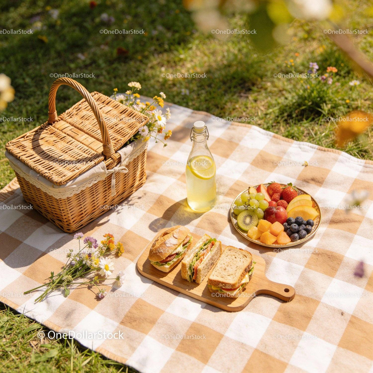 Sunny picnic setup with sandwiches and fresh fruit plate