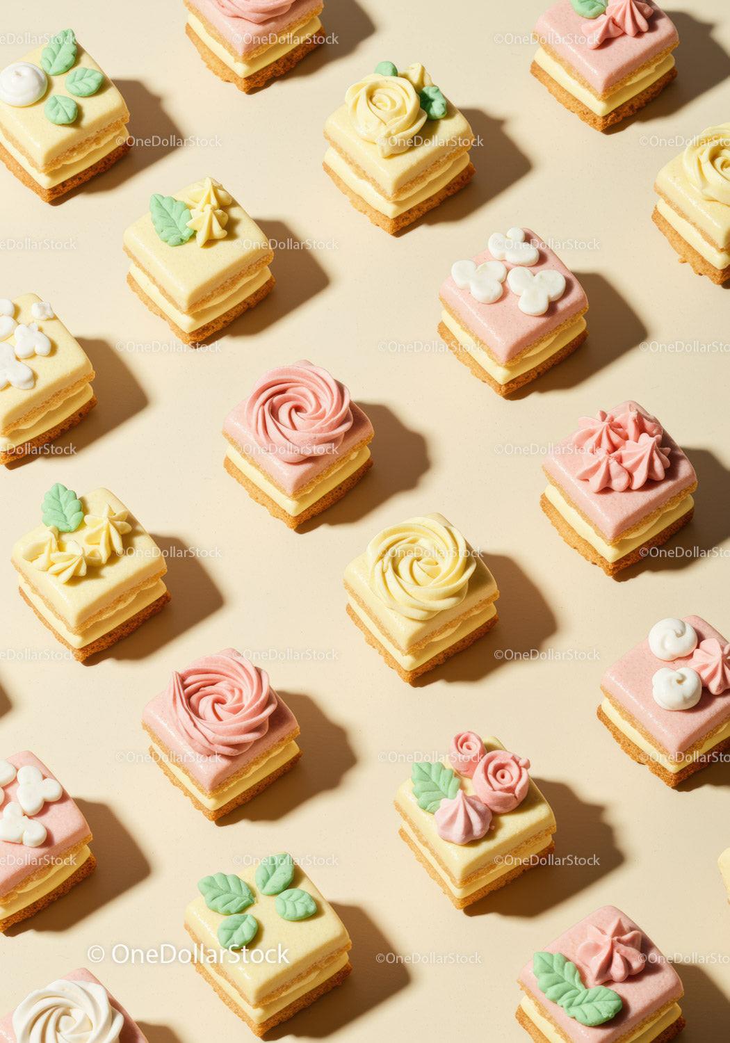 Delicate square petit fours with pastel floral decoration