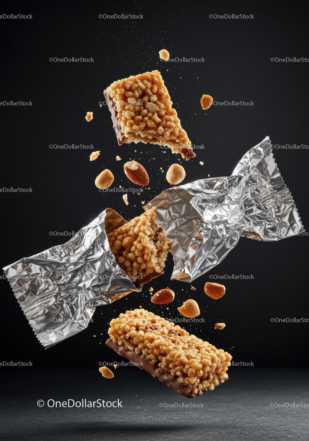 Crunchy Nut Bar with Almonds and Peanuts Flying Out