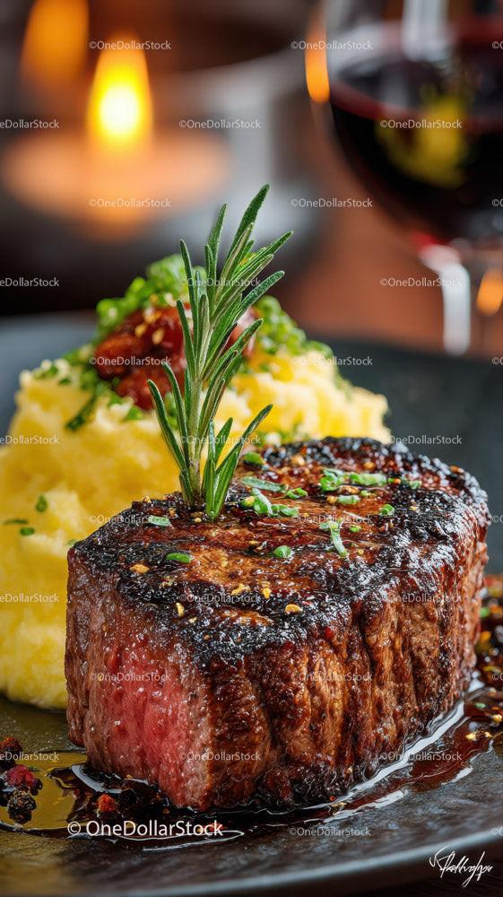 stock photo bundle made with Juicy Steak with Mashed Potatoes and Herb Garnish in Elegant Restaurant Stock Photo Bundle