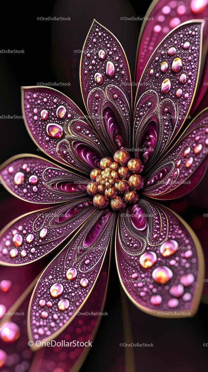 Vibrant Pink and Purple Flower with Droplets and Gold Accents