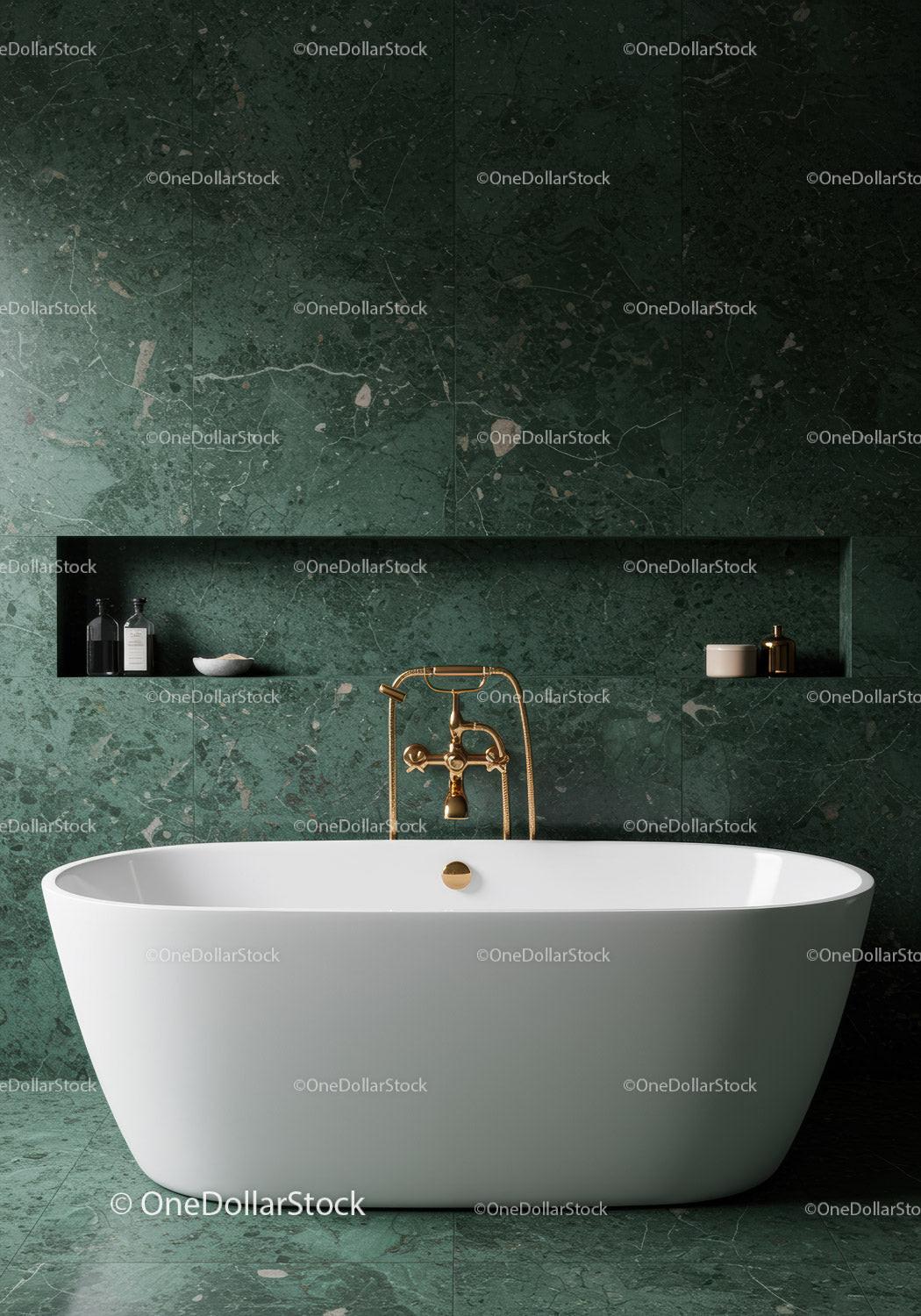 Luxurious Green Marble Bathroom with Modern Freestanding Tub and Gold Fixtures