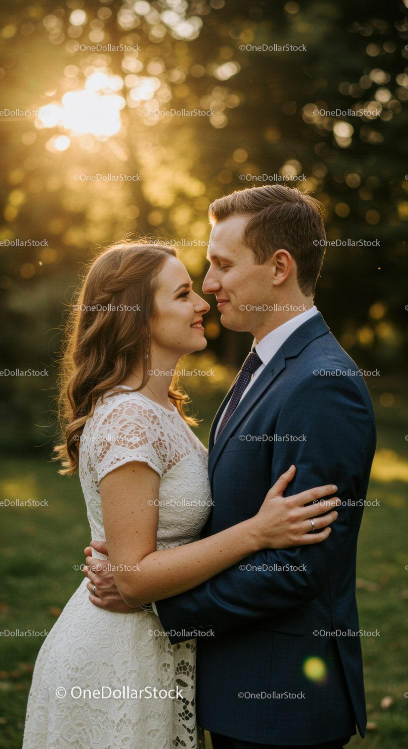 Couple embracing in warm sunlight in a park