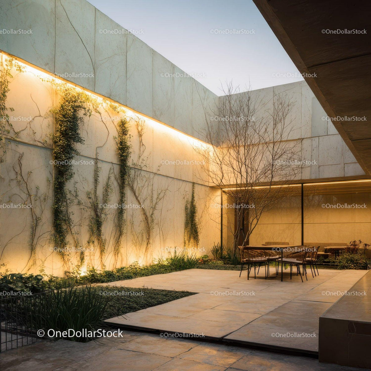 Luxury Modern Courtyard with Minimalist Design and Ambient Lighting