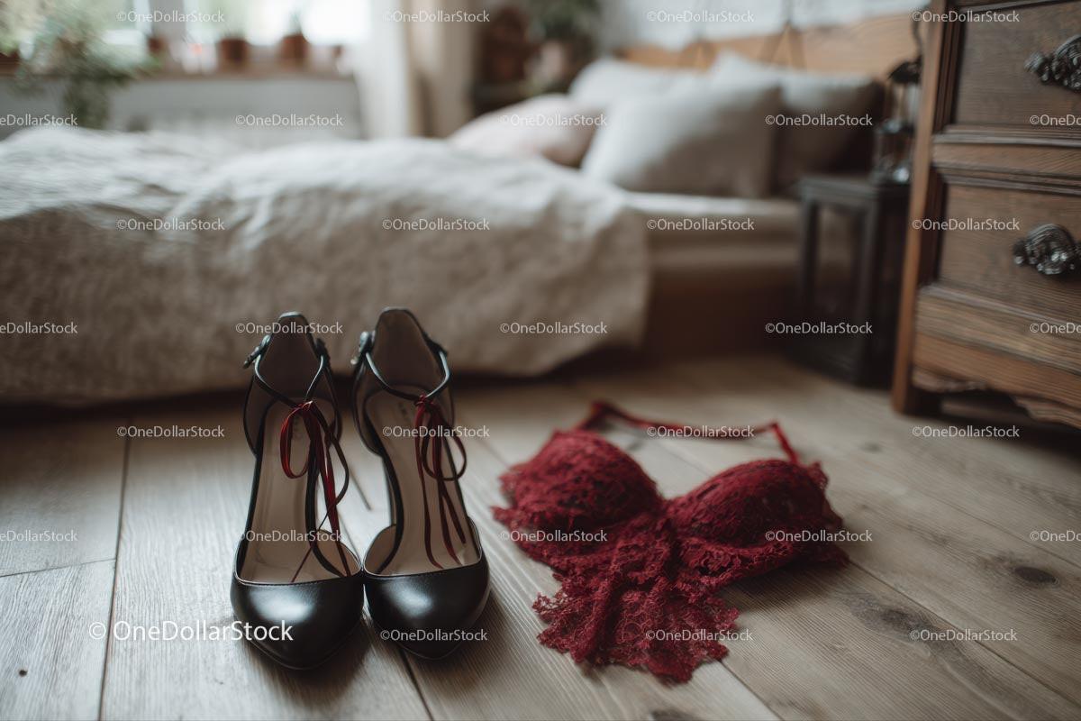 Chic Black Heels and a Red Lace Dress in a Cozy Bedroom Setting Stock Photo Bundle creative preview 4