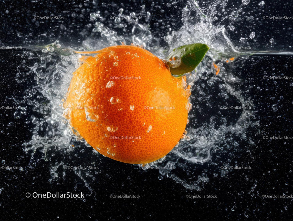 Juicy Orange Splashing into Water with Fresh Green Leaf