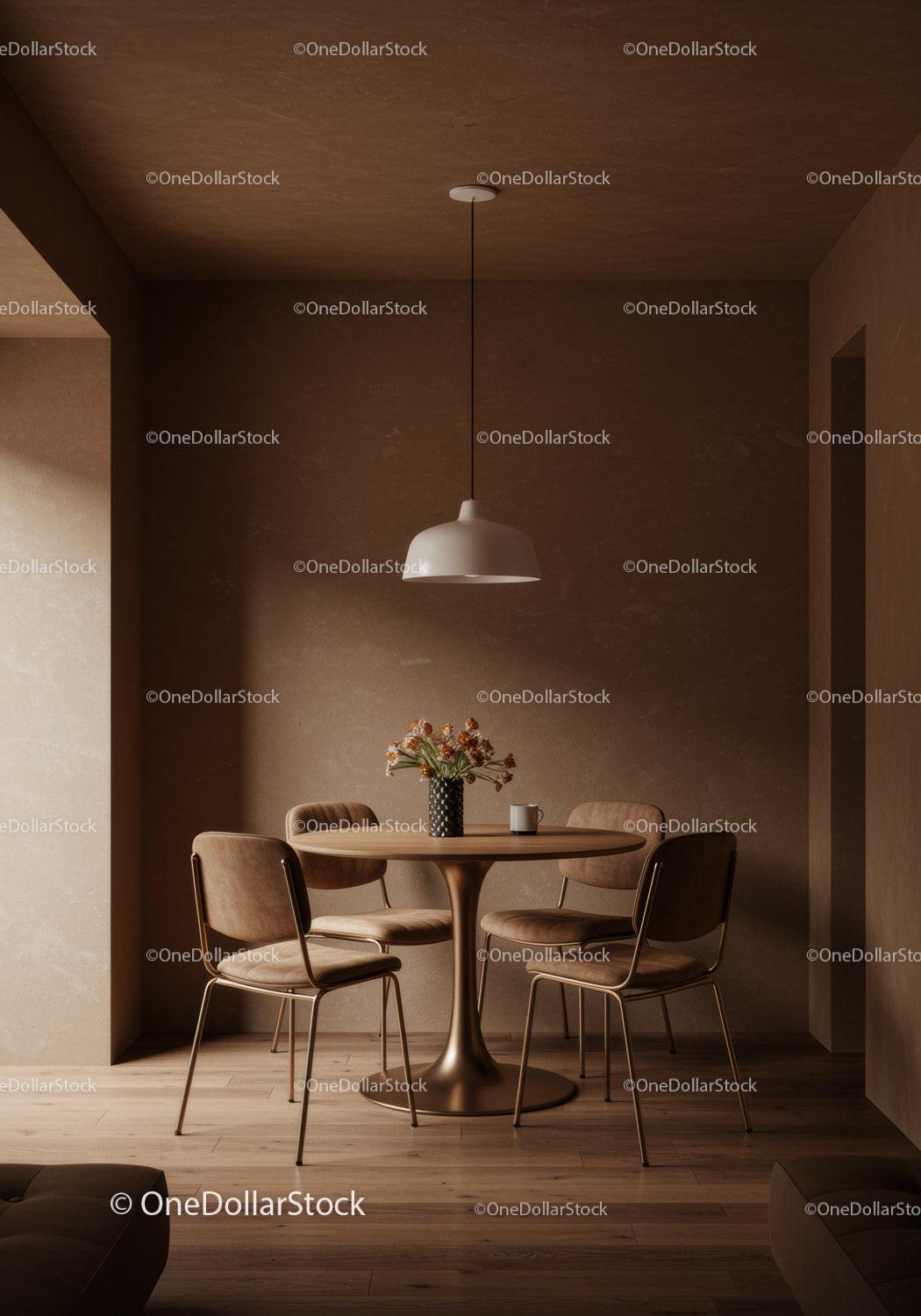 Modern Cozy Dining Room with Wooden Furniture and Warm Lighting